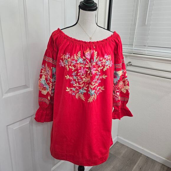 Free People Off Shoulder Embroidered Boho Dress S Red Floral Festival Gypsy Chic - Picture 2 of 12